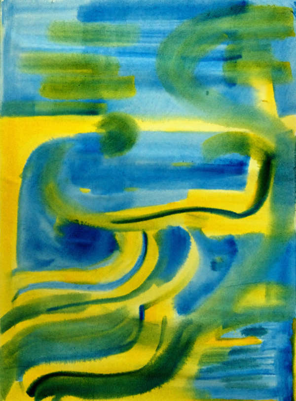 Aquarel. Ontmoeting tussen blauw en geel (door 2 personen geschilderd).
